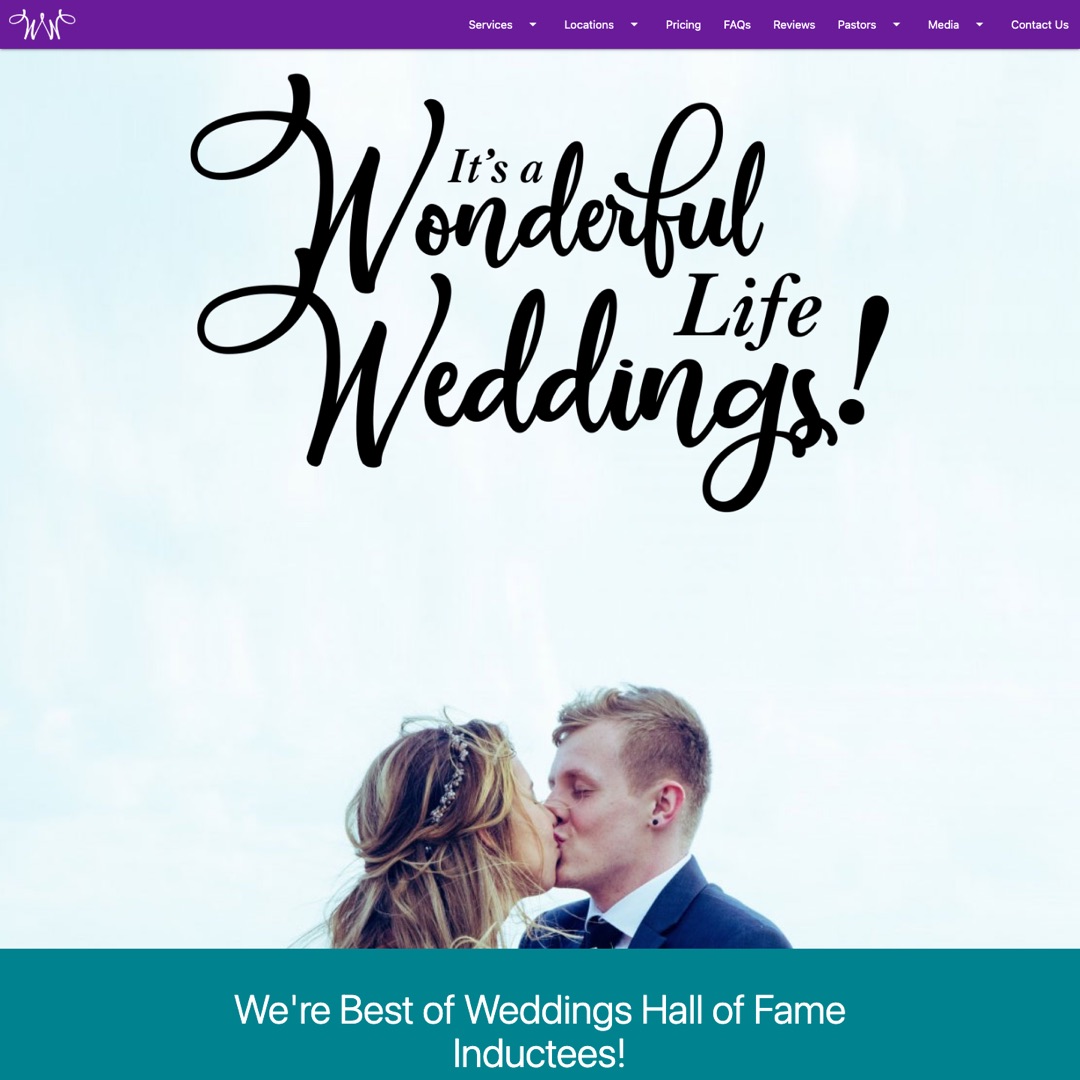 Landing page of itsawonderfullifeweddings.com showing the script-style wordmark, kissing-couple hero, and Best of Weddings Hall of Fame inductee section.