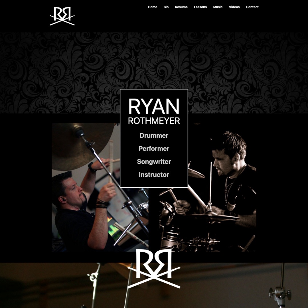 Landing page of ryanrothmeyer.com showing the RR monogram, two black-and-white drumming photos, and 'Drummer · Performer · Songwriter · Instructor' card.