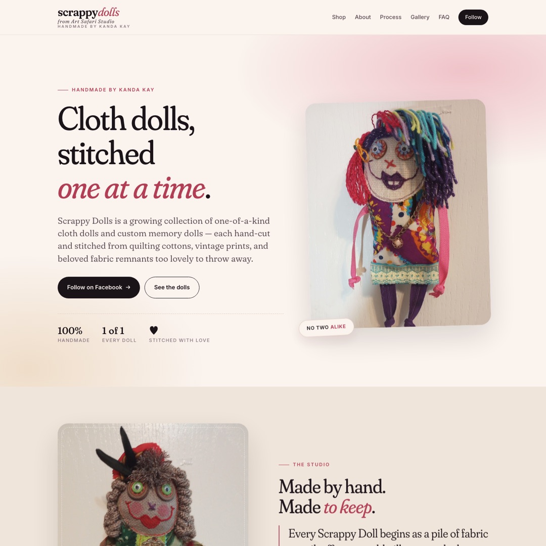 Landing page of scrappydolls.com showing the 'Cloth dolls, stitched one at a time' headline alongside a featured handmade doll, on a warm cream background.